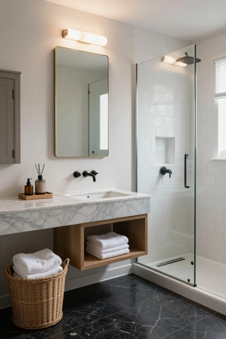Modern bathroom with white marble floating vanity, black matte fixtures, open wooden shelf holding stacked white towels, glass shower enclosure with black hardware, white subway tile walls, and black marble-look floor tiles.