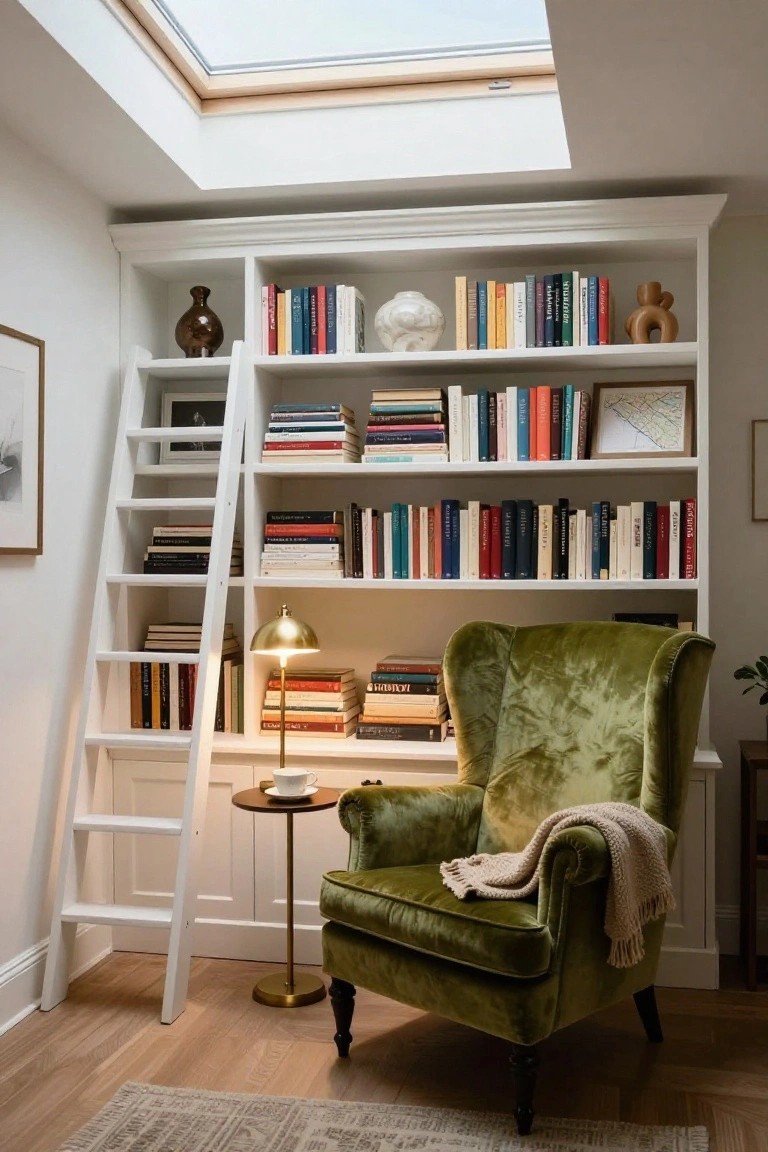Tall white built-in bookshelves filled with colorful books and decor objects, with a sliding white wooden ladder, next to a green velvet armchair on a side table with gold lamp and teacup, under a skylight in a light wood-floored room.