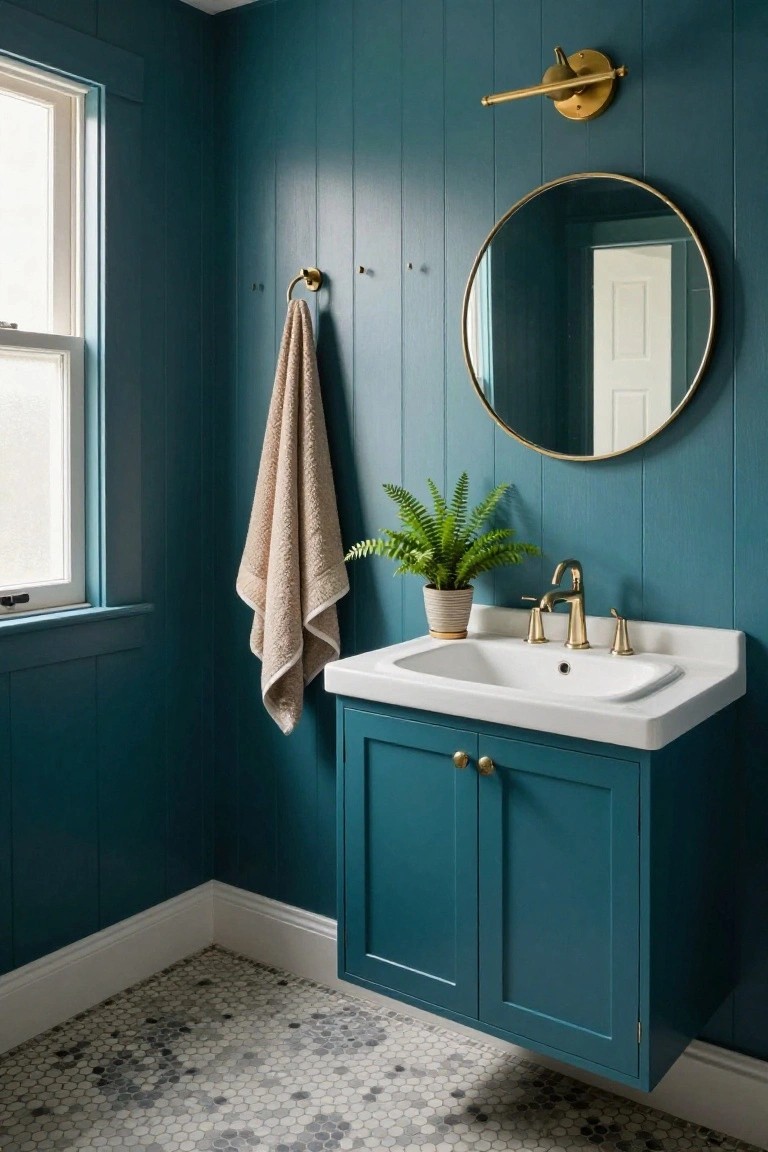 Small corner bathroom with teal shiplap walls, floating white vanity and brass faucet, round brass mirror, beige towel on gold hook, potted fern, and gray hexagonal floor tiles.