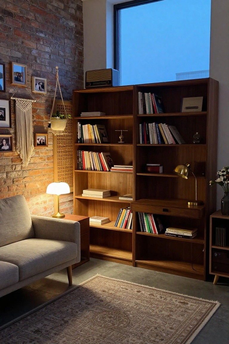 Warmly lit indoor corner with tall wooden bookshelves filled with colorful books, a light gray armchair on a patterned rug, brass lamps, exposed brick wall, hanging plants, and framed photos near a large window.