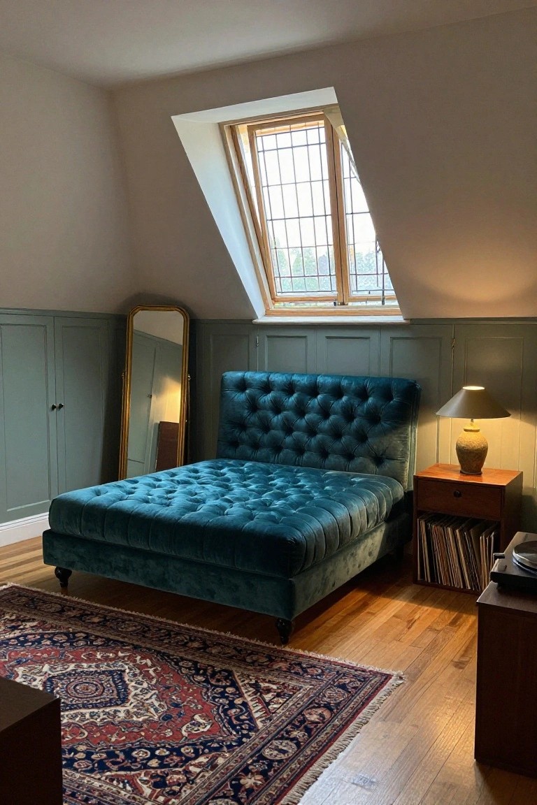 Attic bedroom with sloped ceiling and skylight window, emerald green tufted velvet bed, teal paneled walls, gold floor mirror, wood wardrobe, bedside lamp on wooden table, vinyl records shelf, turntable, Persian rug, and oak floors.