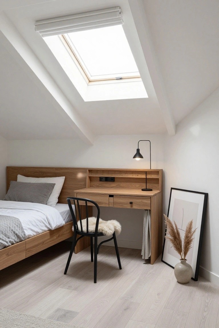 Attic bedroom with sloped white ceiling and skylight, wooden built-in bed headboard extending to desk and shelves, black chair with sheepskin cushion, abstract framed print, pampas grass, and vase on light wood floor.