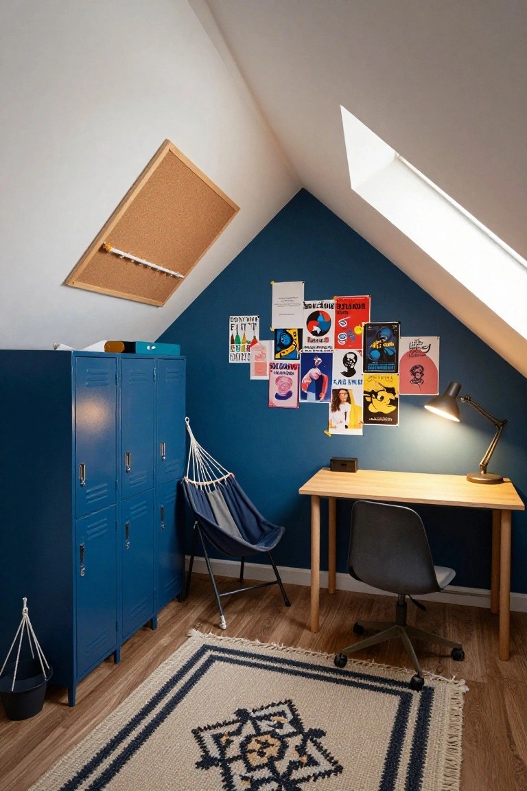 Attic bedroom with navy blue sloped walls, tall blue metal lockers, wooden desk and black office chair, gray hammock chair, desk lamp, assorted posters, corkboard, skylights, and patterned rug on wood floor.