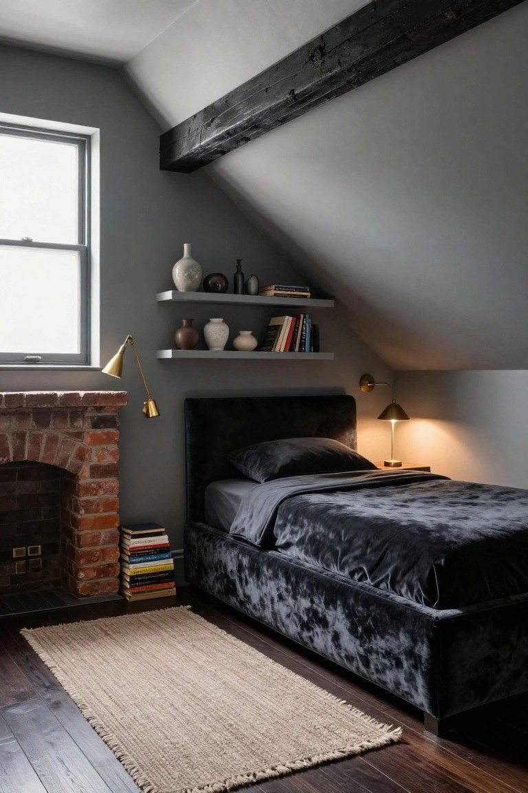 Attic bedroom with sloped gray ceiling and exposed wooden beams, brick fireplace by a low black velvet upholstered bed, floating shelves holding ceramics and books, brass wall lamps, and hardwood floors.