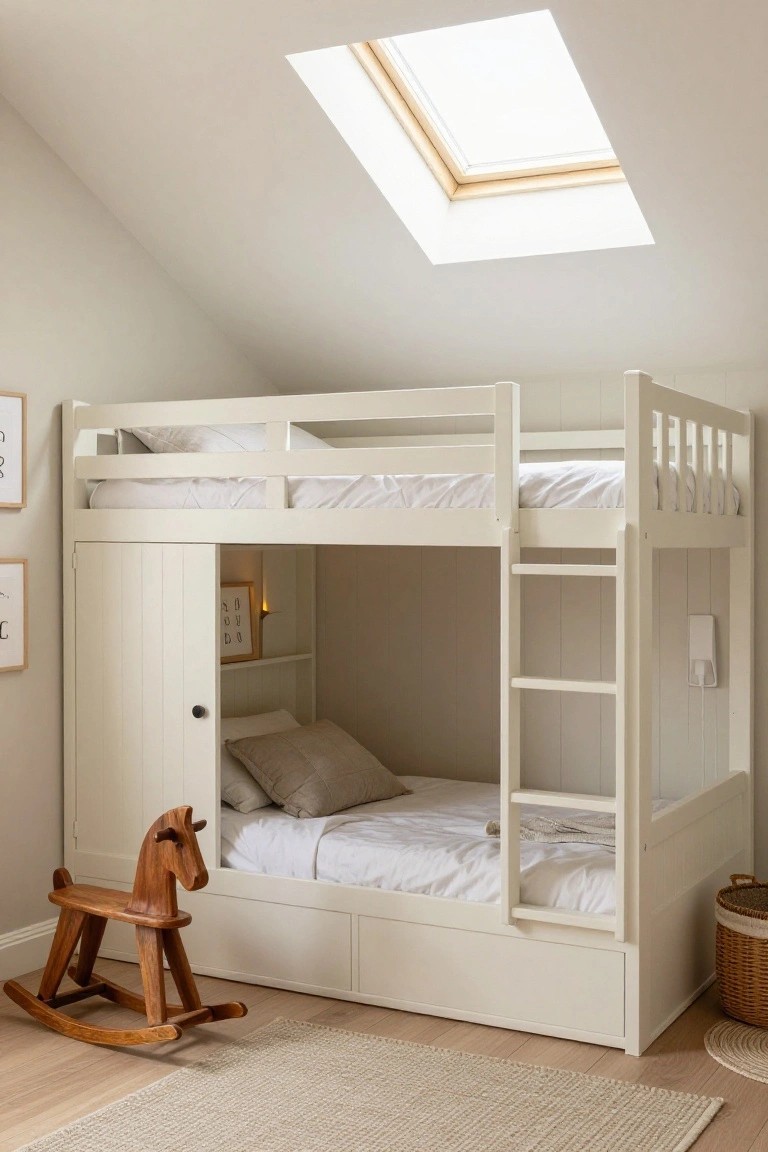 White wooden bunk bed with open wardrobe door on the side, ladder to upper bunk, lower bed with pillows, wooden rocking horse on floor in attic bedroom with skylight and beige rug.