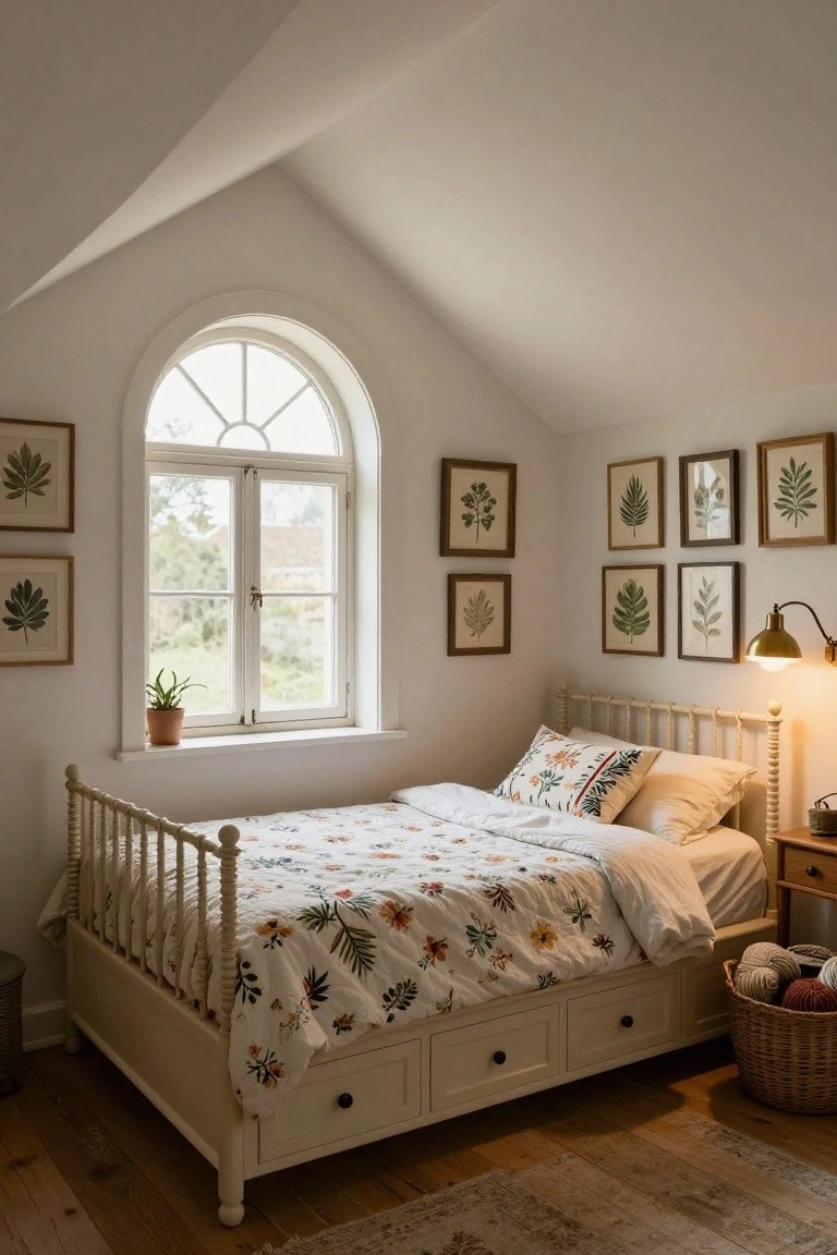 Attic bedroom with sloped white ceiling, arched window overlooking greenery, white spindle single bed with floral duvet and drawers, botanical prints on walls, potted plant on windowsill, brass lamp, wooden floor, and yarn basket.