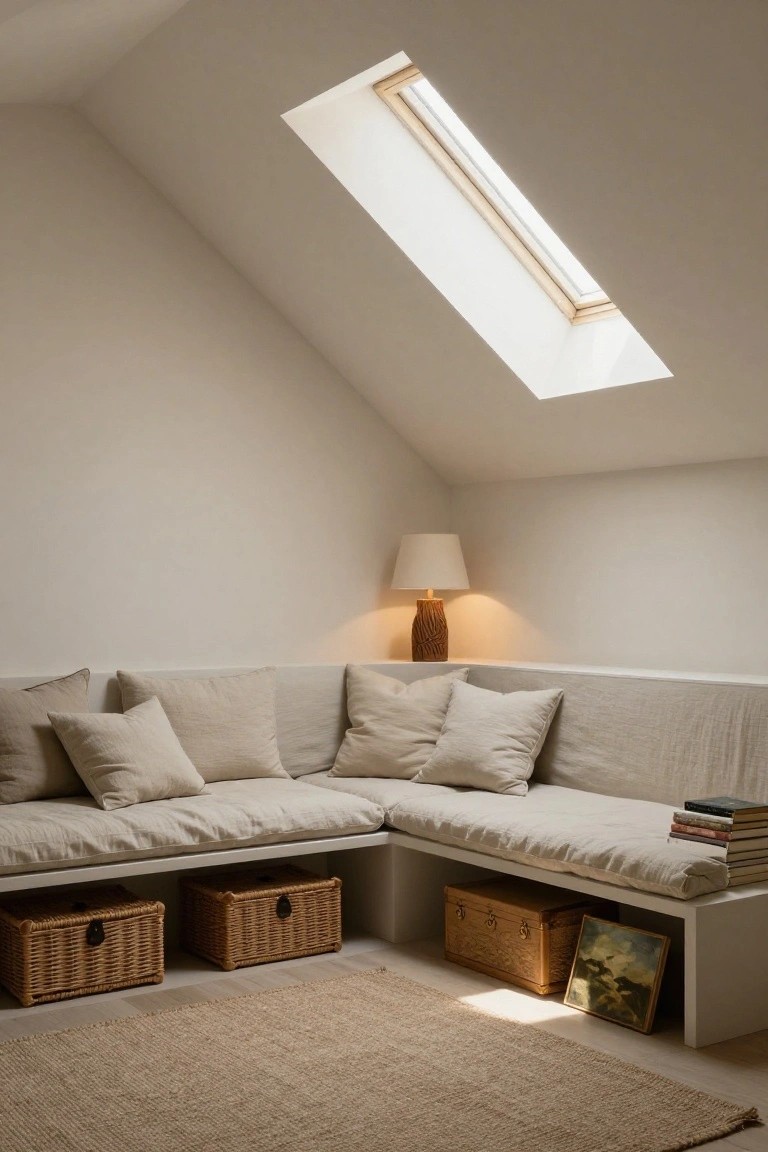Cozy attic room corner featuring an L-shaped built-in white bench with beige linen cushions and pillows, wicker baskets and wooden boxes stored underneath, a textured lamp on the bench, stacked books and a small landscape painting nearby, seagrass rug on the floor, and a skylight in the sloped white ceiling.