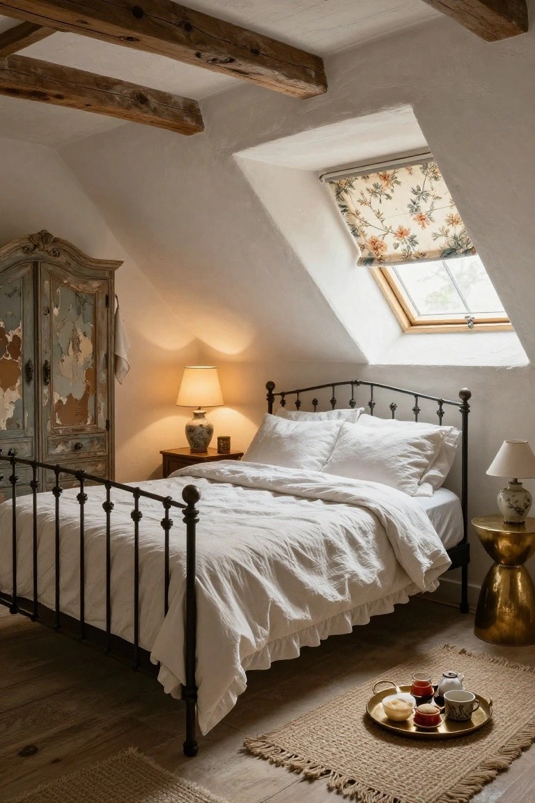 Attic bedroom with exposed dark wooden beams on white sloped ceiling, antique distressed armoire, iron bed frame with white linens, two lamps on side tables, and brass tray with cups on seagrass rug.