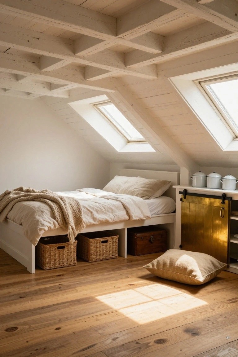 White attic bedroom with exposed wooden beam ceiling, sloped white walls, two skylights, low white bed with beige linens and knit throw, wicker baskets and wooden boxes under bed, gold door cabinet nearby, and oak wood floors with sunlight streaming in.