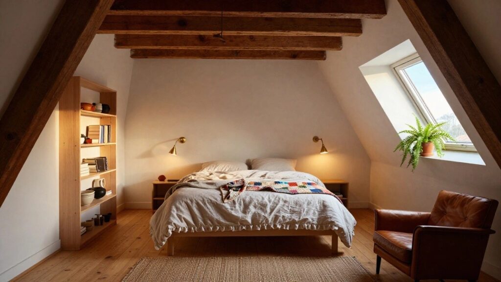 21 Cozy Attic Bedroom Ideas Full of Character Small attic bedroom with dark exposed wooden beams on sloped ceiling, skylight window, wooden bookshelves with books, brass adjustable lamp, potted fern, single bed with white linens and colorful patchwork quilt, brown leather armchair, wooden ladder shelf, and light wood floors with seagrass rug.