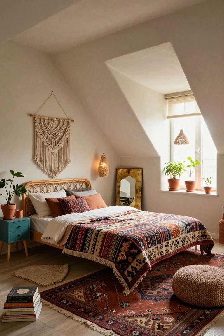 Attic bedroom under sloped white ceilings with rattan bed covered in colorful patterned quilt and pillows, macrame wall hanging, potted plants on teal nightstand and windowsill, gold arched mirror, woven pendant lamps, stack of books, and large red Persian rug on wooden floor.