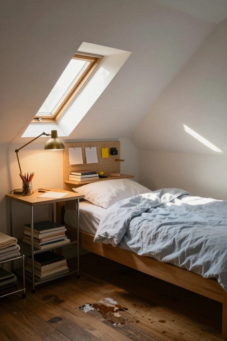 Cozy attic bedroom with white sloped ceiling and skylight, low wooden bed frame with white pillows and light blue duvet, wooden desk with brass lamp and jar of pencils, bookshelves, corkboard wall, and wooden floors with a liquid spill.