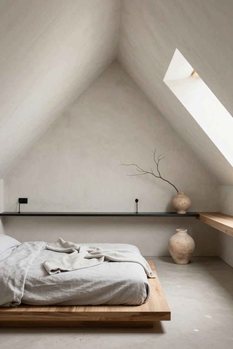 A minimalist attic bedroom with sloped white plaster walls, a low wooden platform bed with gray linens, black wall shelves holding beige pottery vases and a branch, and skylights.