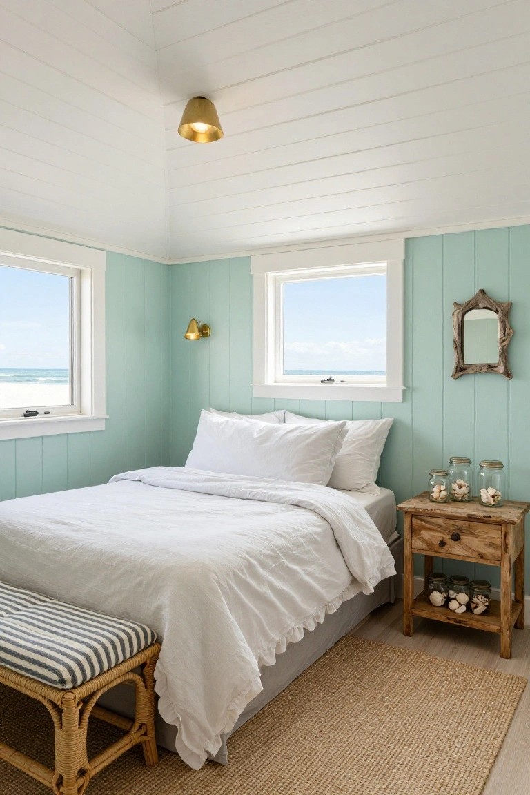 Attic bedroom with vertical mint green shiplap walls, white bed with pillows, wooden nightstand holding seashell jars, rattan bench at foot, ocean view windows, and wall sconces.