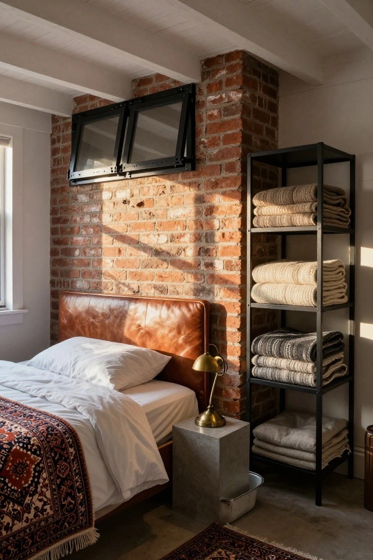 Attic bedroom with exposed brick wall, black metal shelving unit stacked with folded blankets and throws, leather headboard bed with white bedding and patterned rug, brass lamp on concrete nightstand, and small windows.