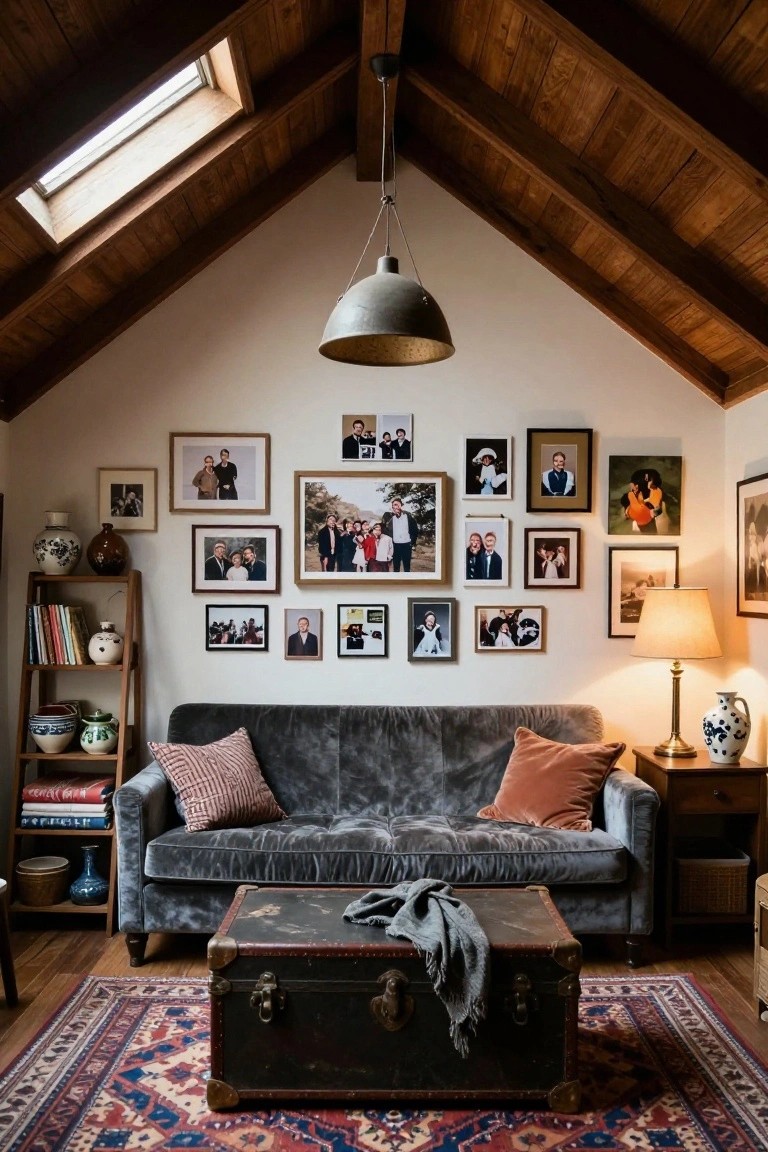 Attic living room with exposed wooden beam ceiling and skylight, large gallery wall of assorted framed family photos on white wall, gray velvet sofa with pillows, wooden trunk coffee table on Persian rug, ladder bookshelves with ceramics, and table lamp beside side table.