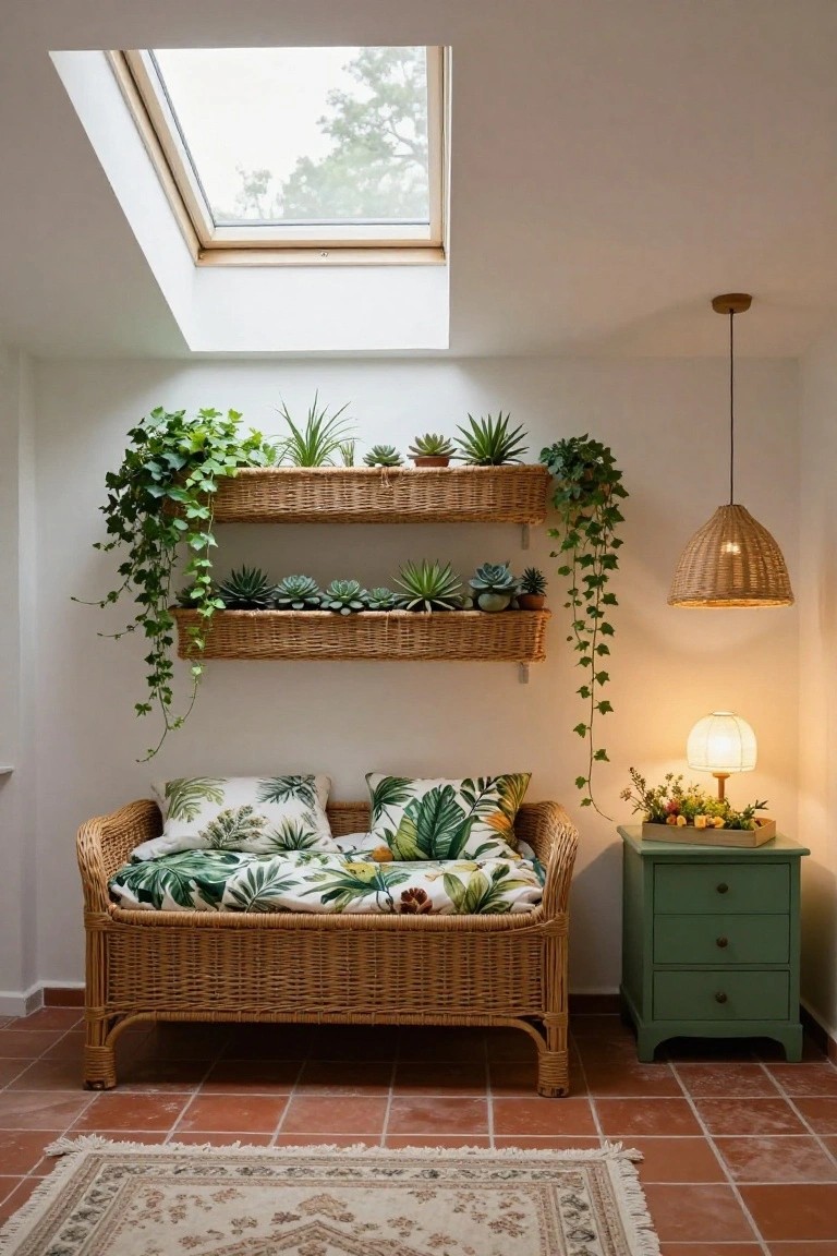 Attic room alcove with double wicker shelves holding various potted succulents, trailing ivy plants, and green foliage above a wicker daybed covered in green and white tropical leaf cushions, beside a green wooden nightstand with white lamp and flower box, skylight overhead, terracotta tile floor with beige rug.