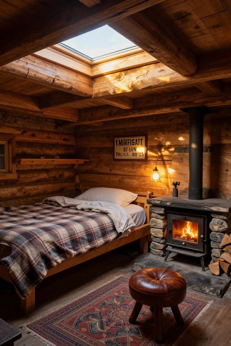 Wooden log cabin bedroom with exposed beam ceiling, skylight, double bed with plaid blanket and white sheets, black wood-burning stove on stone base with chimney pipe, leather stool on patterned rug, and wall shelves.