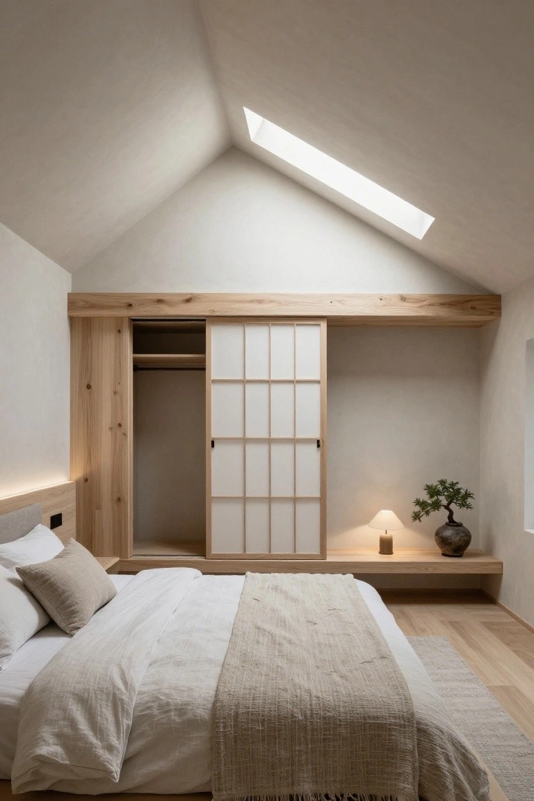 Attic bedroom interior with sloped white ceiling and skylight, low wooden platform bed covered in white sheets and beige linens and throw, built-in pine wardrobe with open white shoji sliding door, bonsai plant on wood shelf, oak hardwood floor.