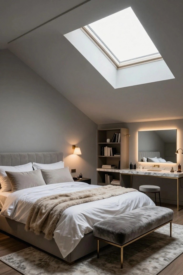 Attic bedroom featuring sloped gray walls, a king bed with white linens and fur throw, built-in wooden bookshelves, marble vanity with backlit mirror and stool, skylight, wall sconces, and light gray rug on hardwood floor.