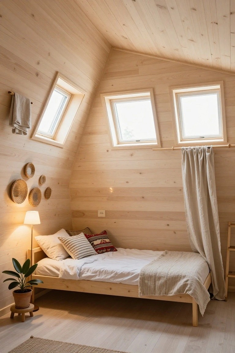 Cozy attic bedroom with light wood paneling on walls and sloped ceiling, wooden bed with white sheets and colorful pillows, bedside lamp, potted plant on stool, skylights, and woven baskets on wall.