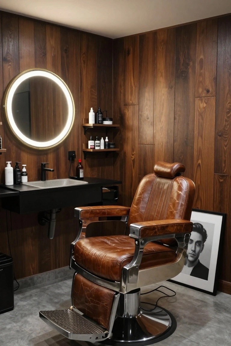 Interior of a room with dark wood-paneled walls, brown leather barber chair on a pedestal base, black sink counter, round LED-lit mirror, wall shelves with grooming products, and a framed black-and-white portrait.
