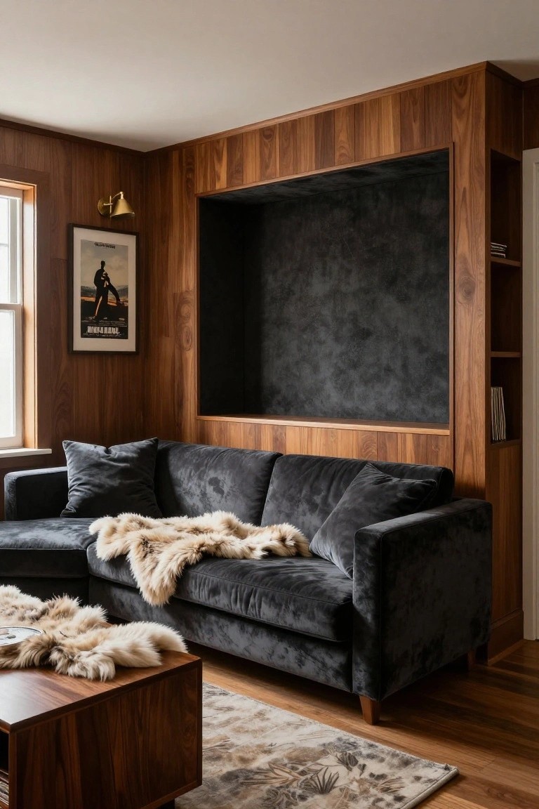 Cozy room interior with vertical light wood paneling on walls forming a built-in unit with central dark gray recessed panel and open shelves on sides, dark gray velvet L-shaped sofa with pillows and fur throws, wood coffee table, patterned rug, wall lamp, and framed poster by window.