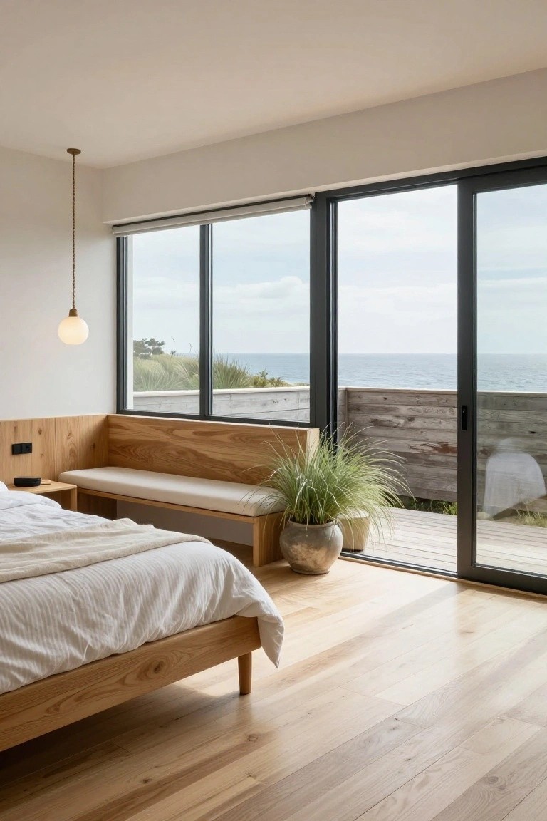 Light wood built-in bench along floor-to-ceiling bedroom windows and sliding doors overlooking ocean dunes and deck, with simple white bed, side table, pendant lamp, and potted grasses on light oak floors.