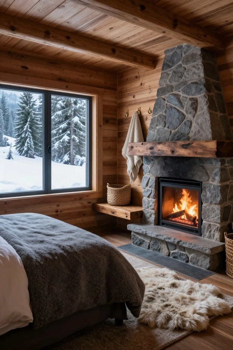 Rustic log cabin bedroom with wooden walls and ceiling, a gray bed, white sheepskin rug, stone fireplace with fire burning, and large window showing snowy pine trees and mountains.
