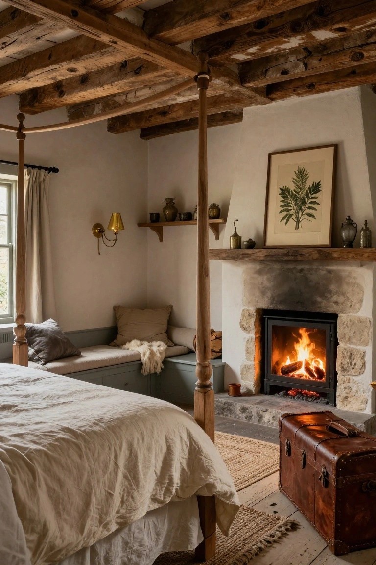 Cozy bedroom with exposed wooden ceiling beams, four-poster bed with white linens, built-in window seat bench, stone fireplace burning wood logs, brass wall lamp, and leather trunk on wooden floor.