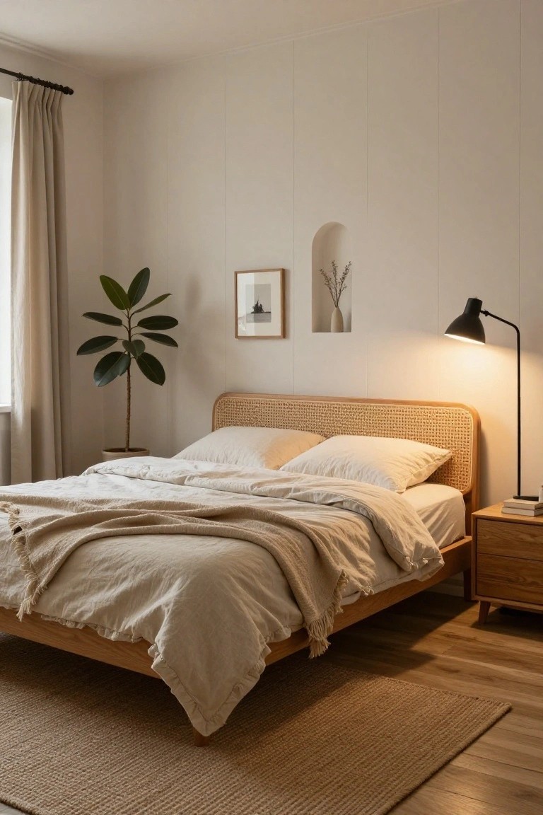 A bedroom with rattan headboard on wooden bed frame covered in white linen bedding and throw, potted fiddle leaf fig plant, arched wall niche holding framed art and dried flowers, black arc floor lamp, wooden nightstand with books, beige rug on light wood floors.