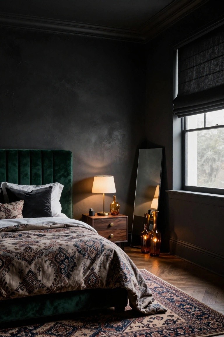 Corner of a moody bedroom with dark textured walls, tufted green velvet headboard on a bed with patterned beige bedding and pillows, wooden nightstand holding a lamp and glass bottles, tall freestanding mirror, black roller blind over window, and patterned rug on wood floor.