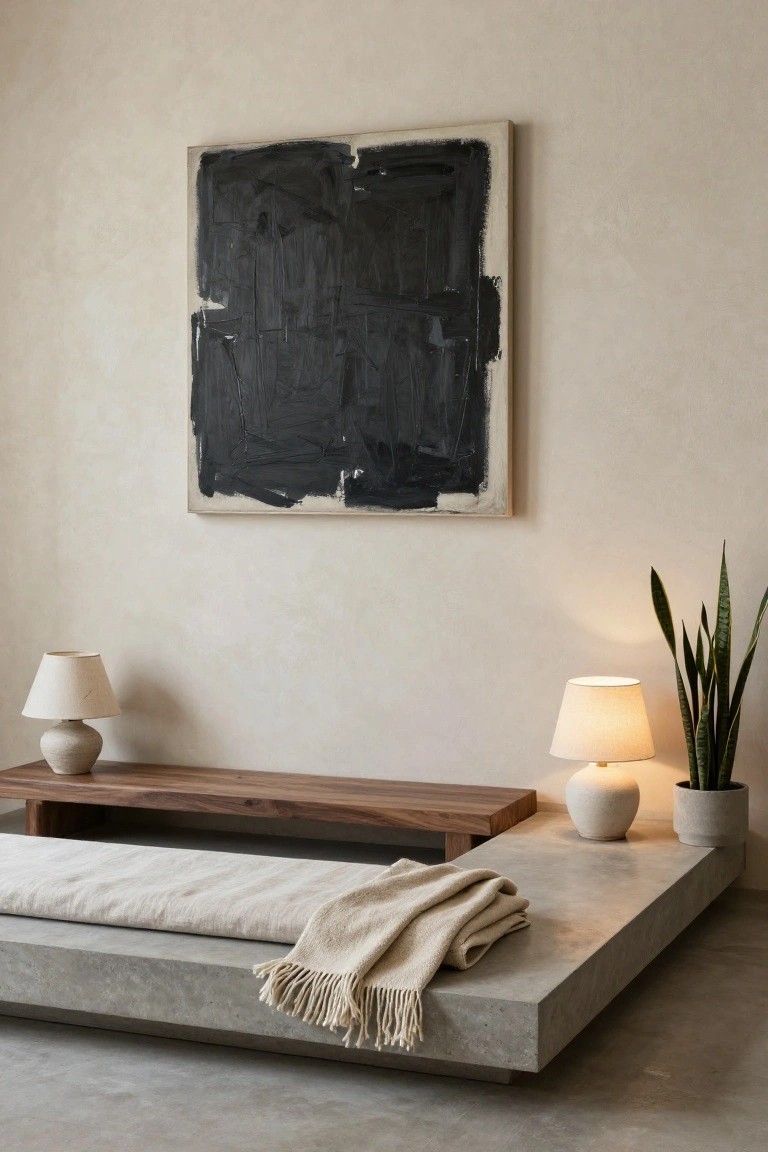 A minimalist indoor space with beige walls, a large square abstract black painting, two ceramic lamps on the floor, a wooden bench with cream throw on a raised gray concrete platform, and a potted snake plant nearby.