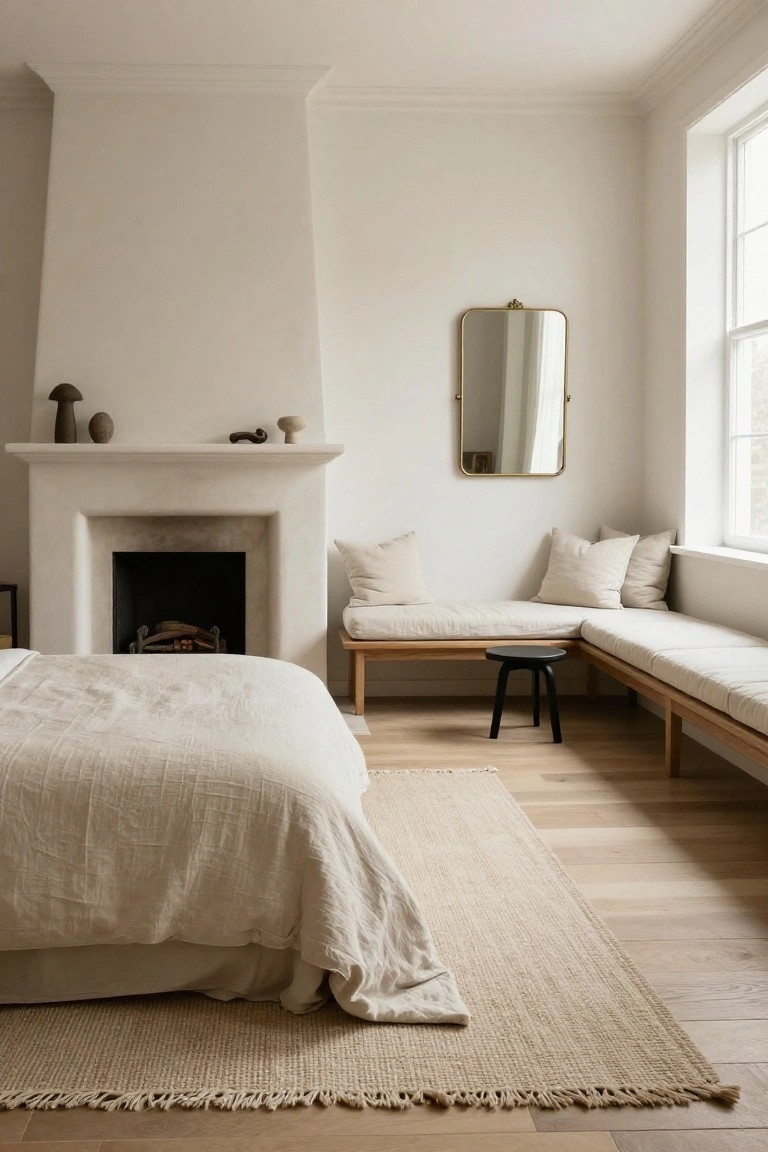 Neutral bedroom with stucco fireplace mantel holding ceramic sculptures, low platform bed draped in white linen sheets, wooden L-shaped window bench with beige pillows and black tripod stool, seagrass rug on light oak floors, and brass mirror on white wall.