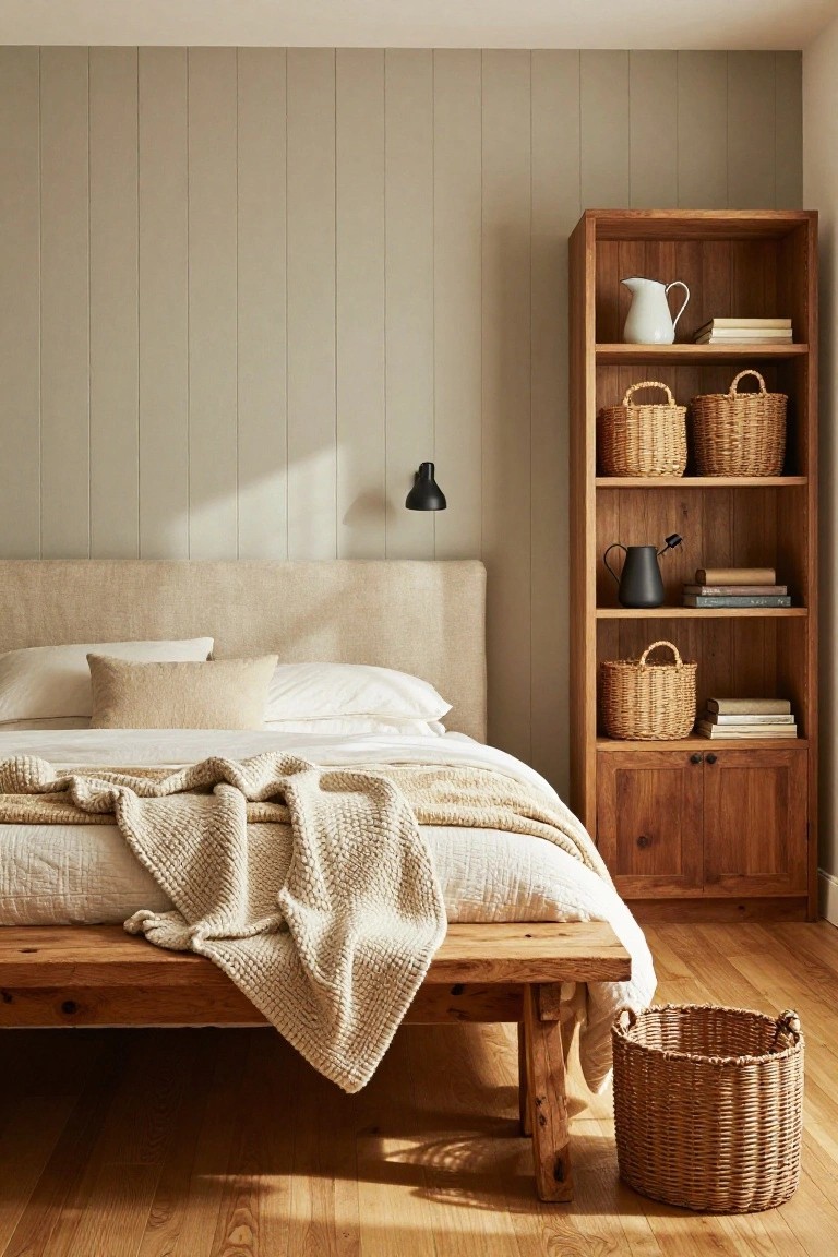 A bedroom interior with a low rustic wooden bed frame holding beige upholstered headboard, white pillows, sheets, and cream knit throw, next to a tall wooden bookshelf with white pitcher, black kettle, books, and wicker baskets on shelves, light gray vertical plank walls, black wall sconce, and light wood floor with a wicker basket nearby.