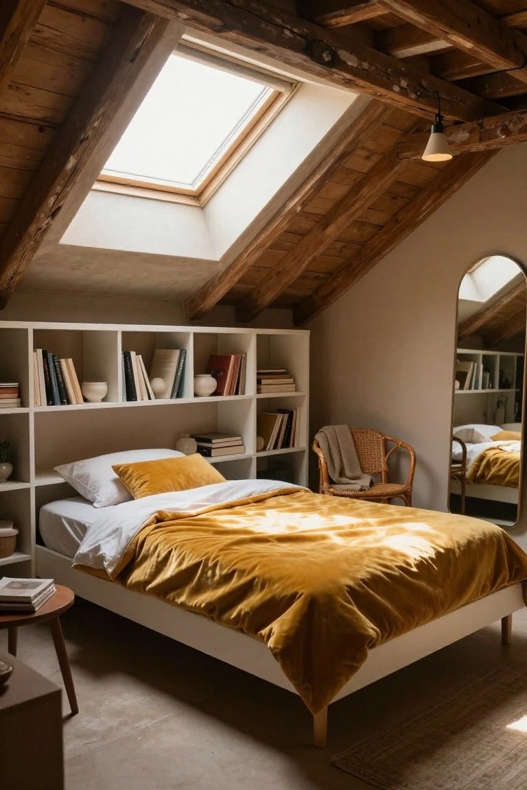 Attic bedroom with dark exposed wooden beams on sloped ceiling, central skylight, white built-in bookshelves around bed with yellow velvet duvet and pillows, rattan chair with throw, arched mirror, wooden side table, and concrete floor.