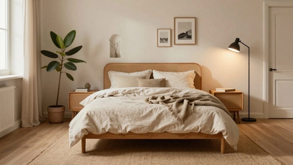 A bedroom with rattan headboard on wooden bed frame covered in white linen bedding and throw, potted fiddle leaf fig plant, arched wall niche holding framed art and dried flowers, black arc floor lamp, wooden nightstand with books, beige rug on light wood floors.
