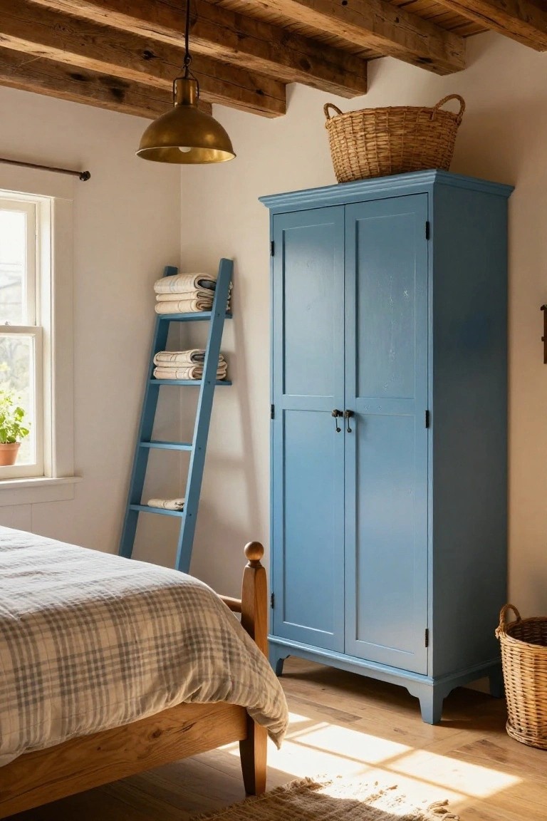 Bedroom corner with tall blue wooden armoire, matching blue ladder shelf holding stacked white linens, wooden bed with plaid duvet, wicker baskets, and window light.