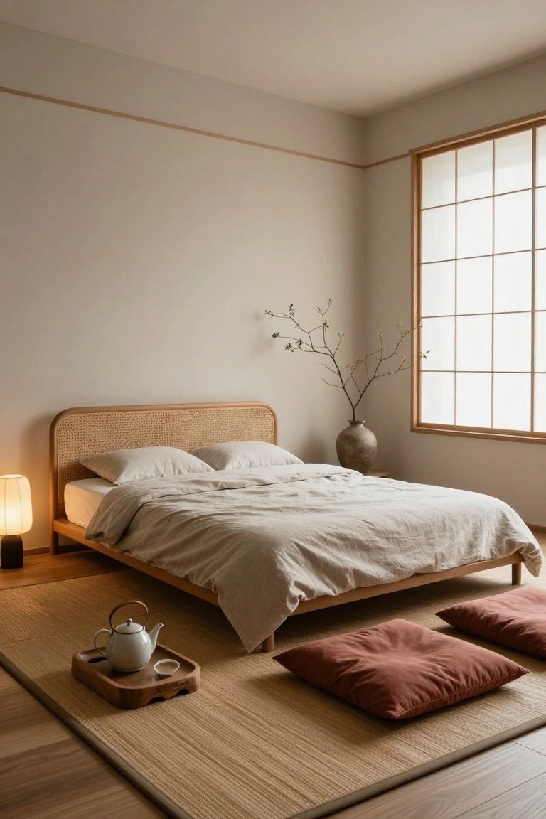 Minimalist bedroom with beige walls, wooden low-profile bed with rattan headboard and white linen bedding, tatami floor mat with red cushions, wooden tray holding white teapot, shoji window, lamp, and vase with branches.