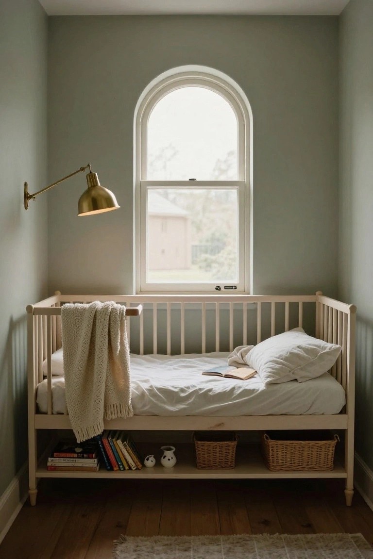 Small sage green nursery room featuring a wooden crib with under-bed open shelving holding books, baskets, and pottery, positioned under an arched window with brass wall lamp and knit throw on the bed.