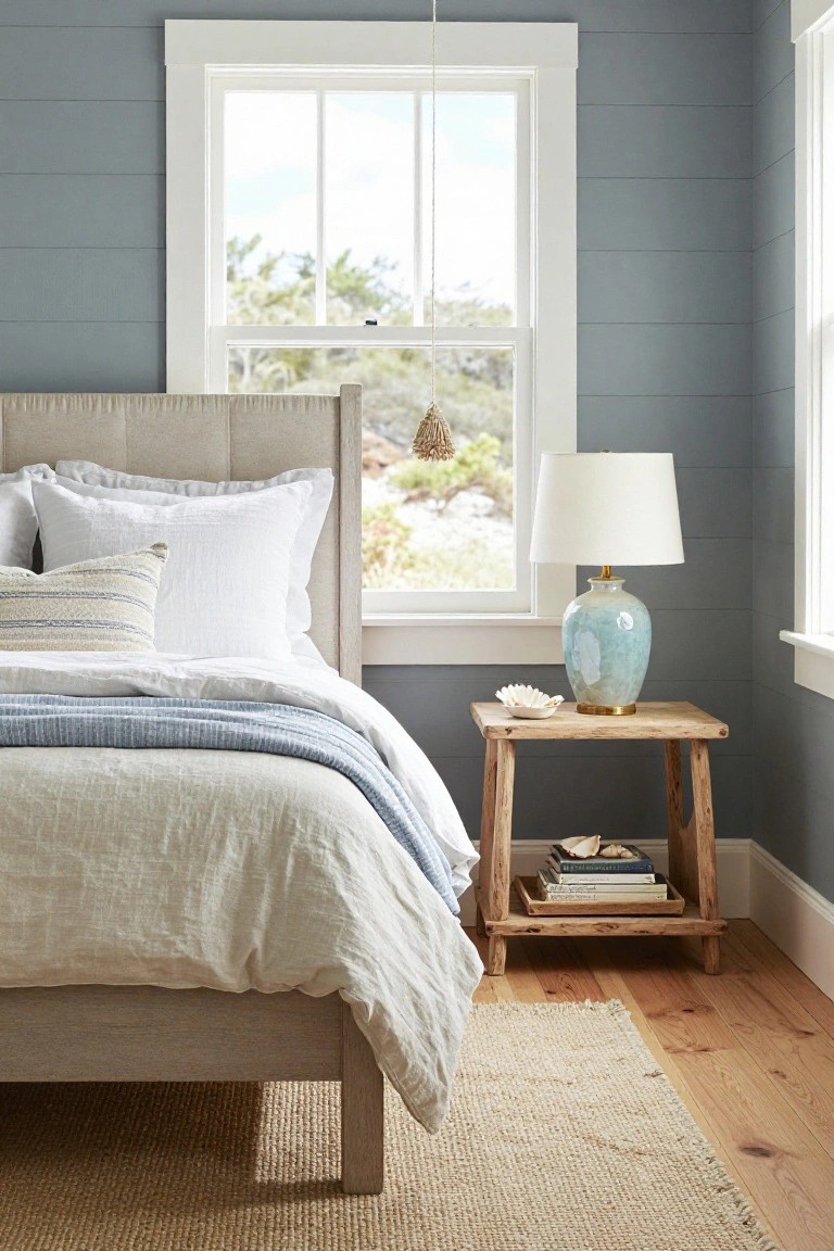 Bedroom with pale gray shiplap walls, beige upholstered headboard, white and striped pillows on bed with blue-gray blanket, wooden nightstand holding blue lamp and seashells next to large window showing coastal view.
