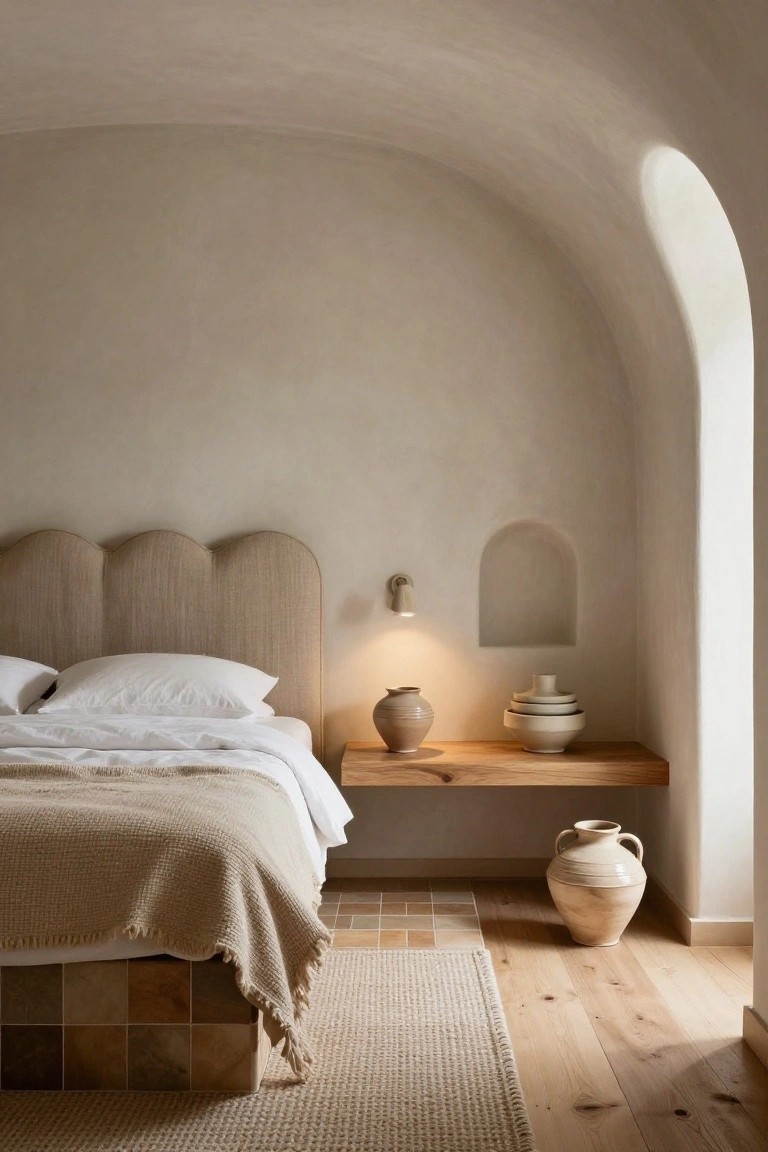 Bedroom interior with a queen bed featuring a curved scalloped beige fabric headboard, white sheets and pillows, a beige throw blanket, floating wooden shelf holding beige pottery, arched plaster walls, tiled bed base, and light wood floors.