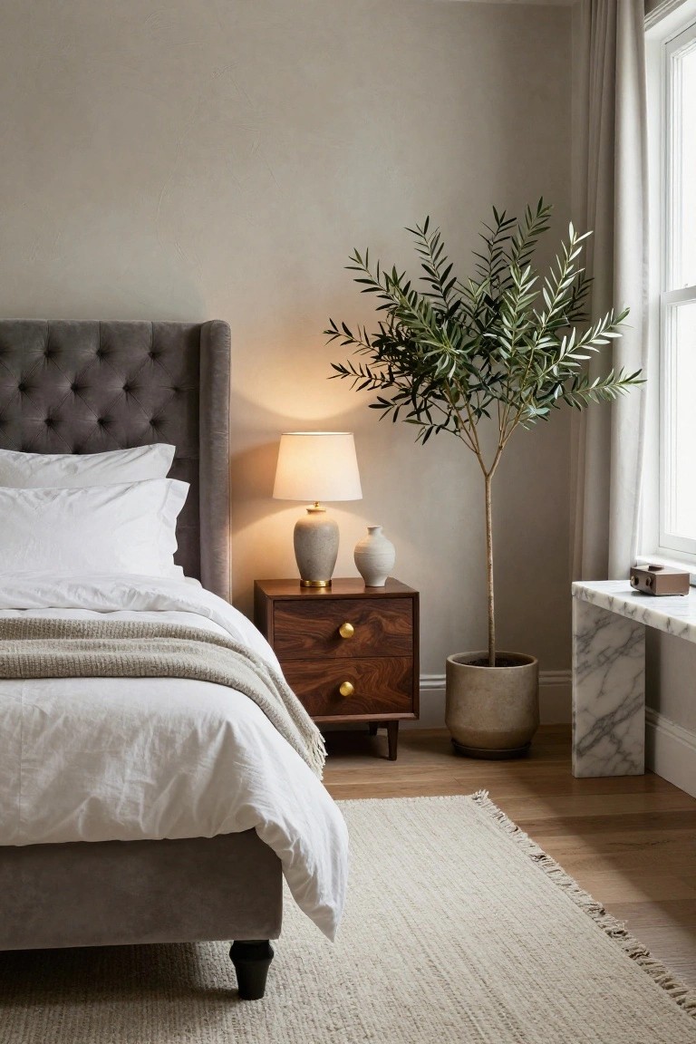 A serene bedroom with gray tufted upholstered headboard on a bed draped in white linens and gray throw, wooden nightstand holding two lamps and a vase, tall potted olive tree next to a marble console table with a small brown radio, beige walls, large window with sheer curtains, and light wood floor with seagrass rug.