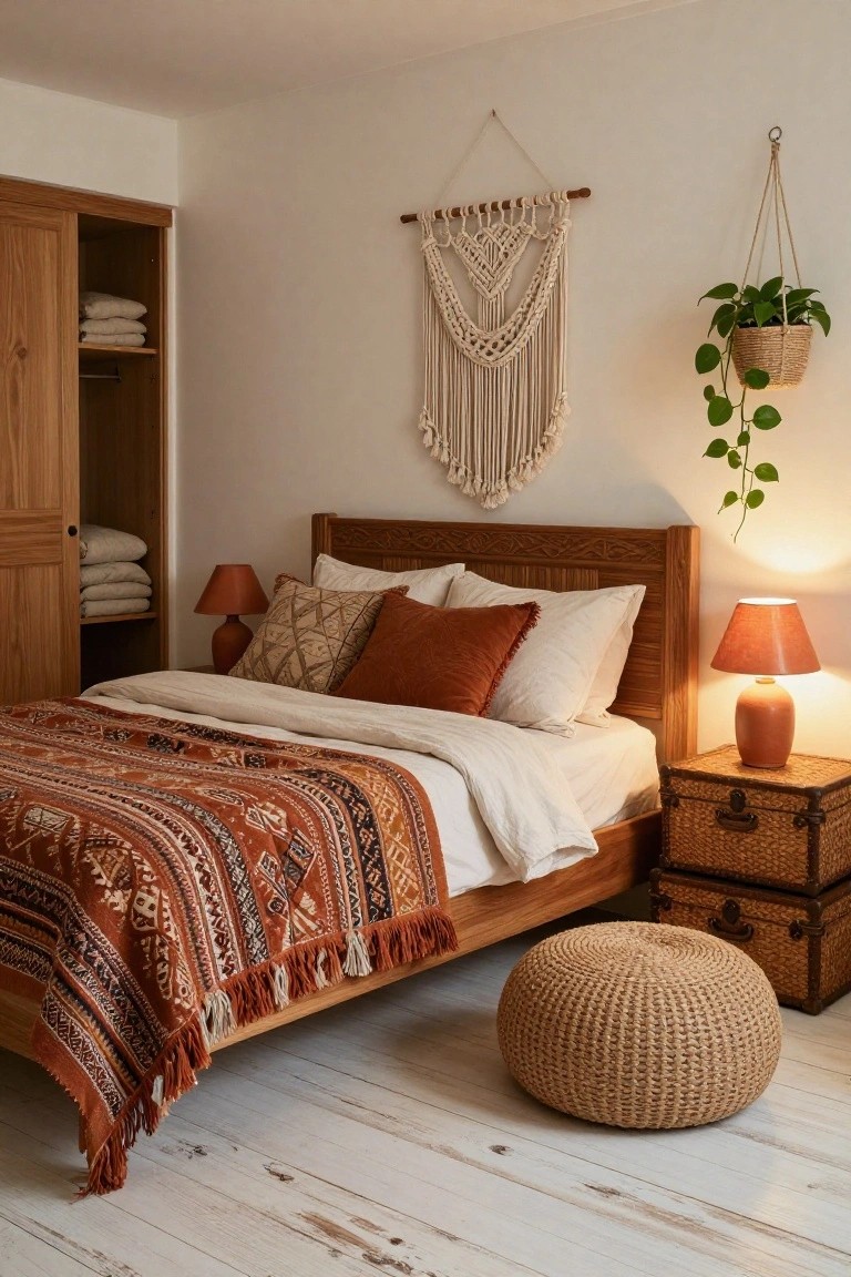 Bedroom with wooden bed frame covered in terracotta patterned bedspread and orange pillows, macrame wall hanging, potted hanging plant, bedside lamps, open wooden wardrobe, and wicker stool on whitewashed wood floor.