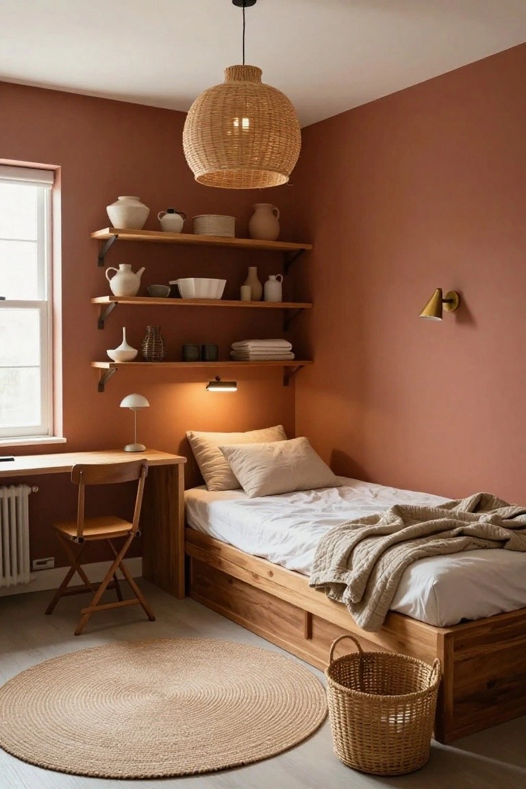 A small bedroom corner with terracotta walls, wooden platform bed draped in white sheets and beige throw, wooden desk and folding chair, open wooden shelves holding white ceramics and baskets, rattan pendant light overhead, and seagrass rug on the floor.