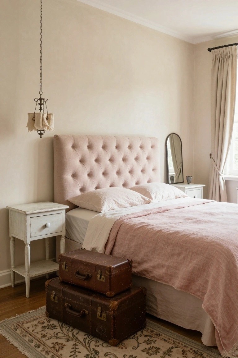 Bedroom with pink tufted fabric headboard on a bed with white sheets and pink linens, white wooden nightstand, two stacked brown leather suitcases on a beige rug beside the bed, beige walls, pendant light, and window with cream curtains.