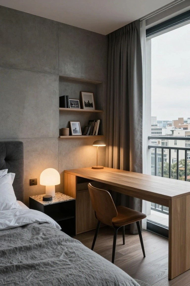 Modern bedroom with textured gray concrete accent wall and built-in wooden shelves, oak desk with brown leather chair by large curtained window overlooking cityscape, upholstered bed with gray linens, and two white lamps on nightstand and desk.