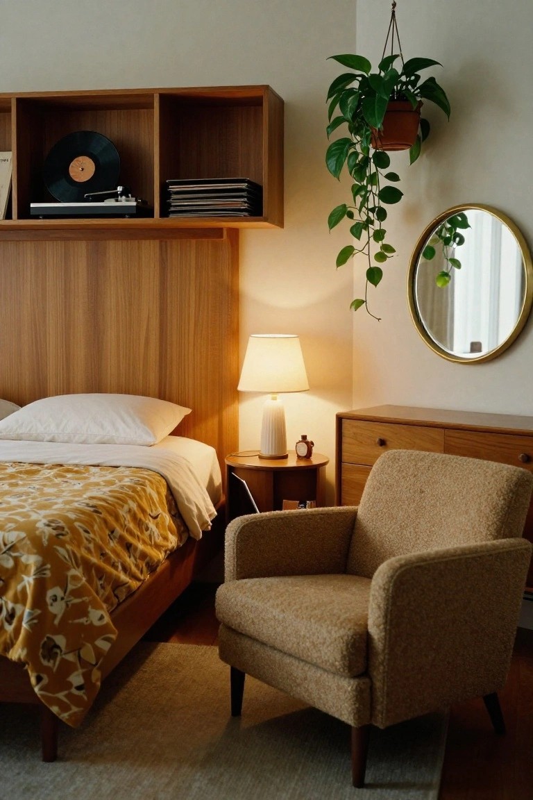 Cozy bedroom with light wood panel wall behind bed, yellow floral duvet cover, wooden open shelves holding record player and records, hanging potted plant, round gold mirror, wooden armchair, side table with lamp, and low dresser.