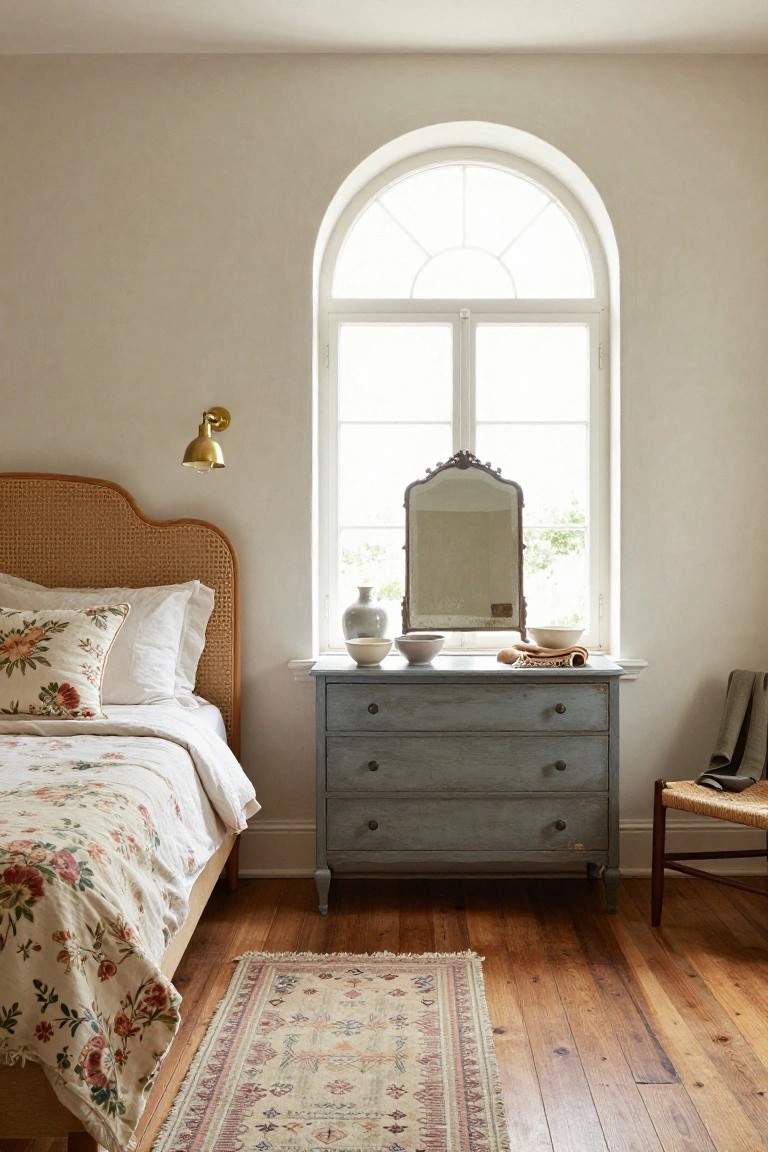 Bedroom interior with rattan headboard on a bed covered in floral bedding, beside a distressed blue dresser topped with a mirror, white bowls, and vase, arched window, and wood floors with a rug.