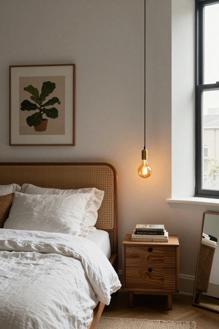 Bedroom with rattan cane headboard bed draped in white linens, wooden nightstand holding stacked books and a small mirror, single hanging pendant light with gold fixture and warm bulb, framed fig leaf artwork on beige wall, and tall black-framed window.